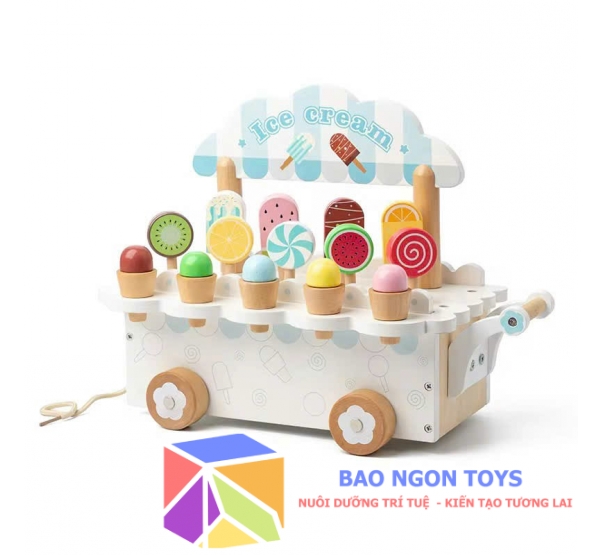 Bộ đồ chơi xe kéo bán kem bằng gỗ, đồ chơi nhập vai vui nhộn dành cho bé trển 3 tuổi - BAO NGON TOYS - DG370
