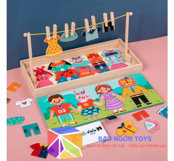 Đồ chơi Montessori cho bé thực hành hoạt động treo quần áo và kết hợp các mẫu trang phục khác nhau BAO NGON TOYS - DG283