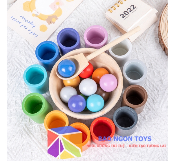 Bộ đồ chơi giáo cụ chén, cốc và bóng để bé học phân loại màu sắc, số lượng và phát triển kỹ năng dùng thìa - BAO NGON TOYS - DG155