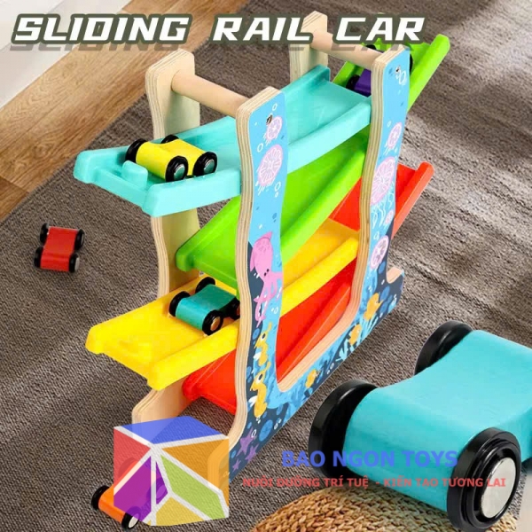 Đồ Chơi Gỗ Đường Trượt Xe 4 Tầng, món quà sinh nhật dành cho bé trai từ 2 tuổi DG408