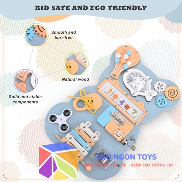Bảng bận rộn montessori hình gấu rèn luyện đa kỹ năng cho bé, bảng bear busy board phát triển vận động tinh cho bé - BAO NGON TOYS - DG70A 