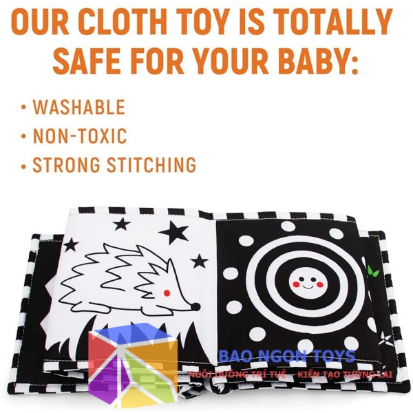 SÁCH VẢI KIÊM QUÂY CŨI 2 TRONG 1 GIÚP KÍCH THÍCH THỊ GIÁC CHO BÉ SƠ SINH TỪ 0 THÁNG - BAO NGON TOYS - SV76
