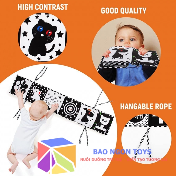 SÁCH VẢI KIÊM QUÂY CŨI 2 TRONG 1 GIÚP KÍCH THÍCH THỊ GIÁC CHO BÉ SƠ SINH TỪ 0 THÁNG - BAO NGON TOYS - SV76