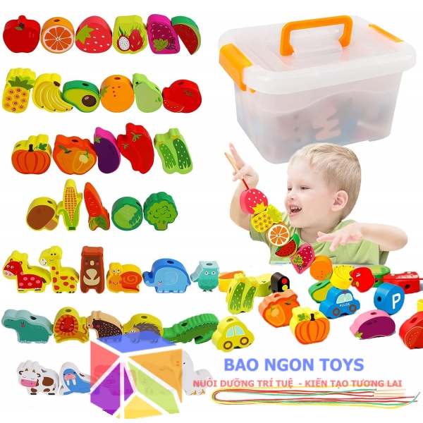 Đồ chơi xâu chuỗi luồn hạt 42 khối rau củ, trái cây, động vật giúp bé phát triển vận động tinh và học đếm - Bao Ngon Toys - DG105D