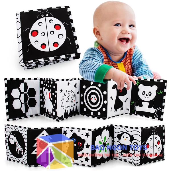 SÁCH VẢI KIÊM QUÂY CŨI 2 TRONG 1 GIÚP KÍCH THÍCH THỊ GIÁC CHO BÉ SƠ SINH TỪ 0 THÁNG - BAO NGON TOYS - SV76
