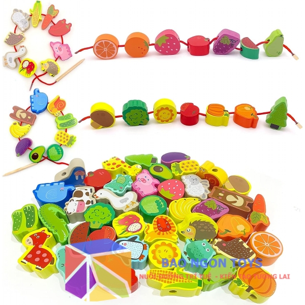 Đồ chơi xâu chuỗi luồn hạt 42 khối rau củ, trái cây, động vật giúp bé phát triển vận động tinh và học đếm - Bao Ngon Toys - DG105D